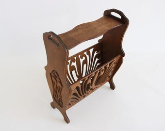 Vintage French Magazine Rack | Art Nouveau Style Wooden Newspaper Stand | 1960s
