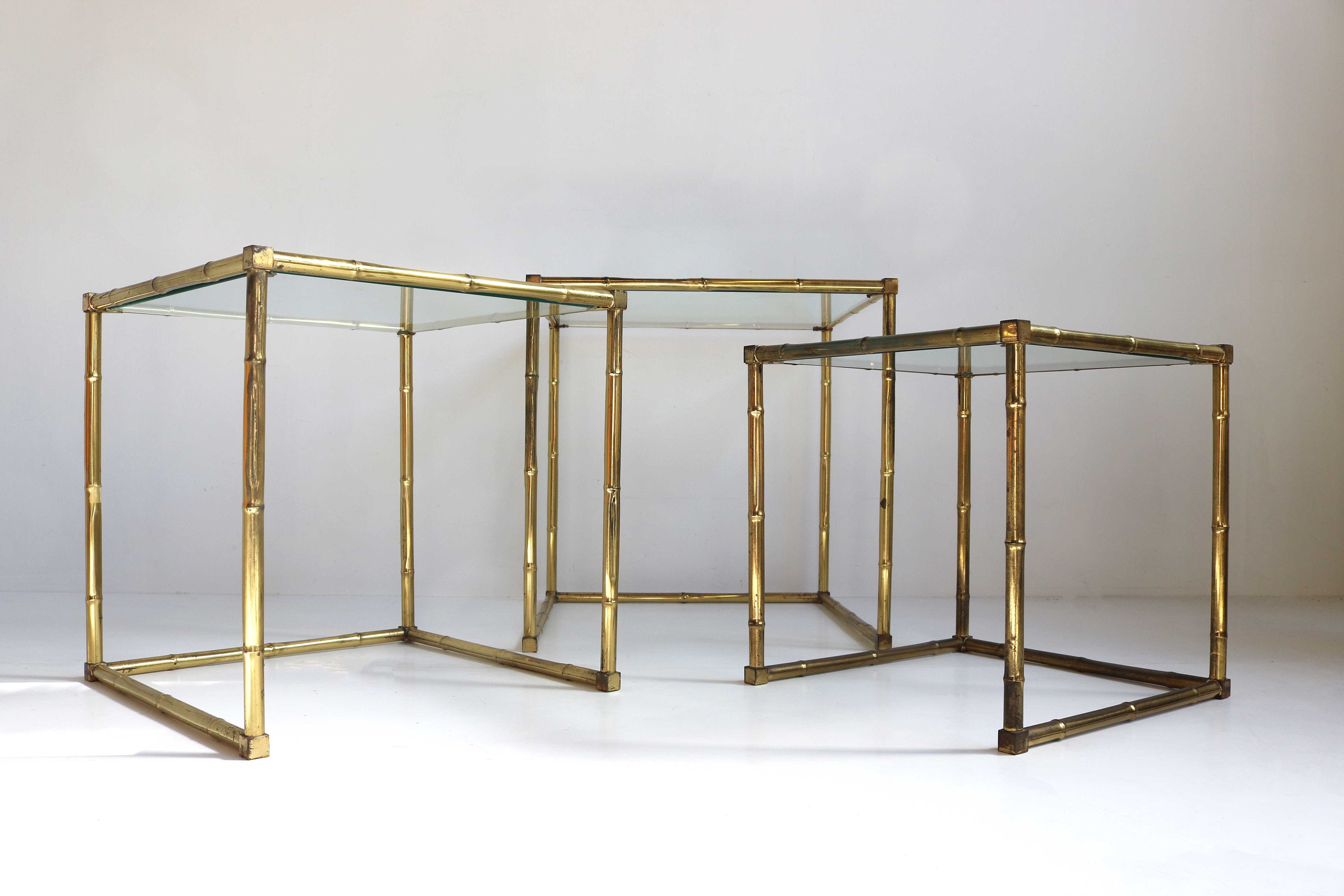 Brass Faux Bamboo Italian Mid Modern Nesting Tables Glass Tops Vintage Side  Tables Nest of Three Occasional Tables Hollywood Regency 1970s 