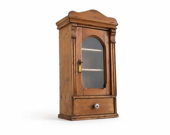 Antique Pine Hanging Cabinet with Glass Door, Lock & Key, Rustic Wall Cabinet with Drawer, Farmhouse Cupboard