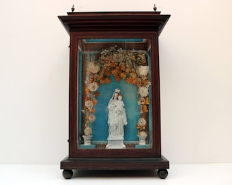 Antique 19th Century Shrine Display Cabinet: Virgin Mary Porcelain Flowers