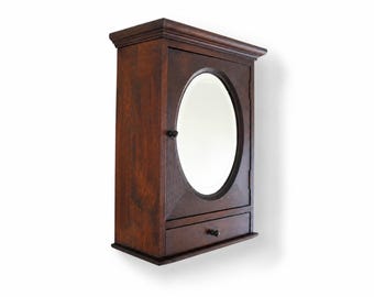 ON HOLD Antique Oak Wall Cabinet with Bevelled Oval Mirror | Arts & Crafts Medicine Cupboard