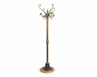 Vintage Italian Brass Coat Rack with Marble Base, Twisted Pole Hall Tree, Rotating Crown