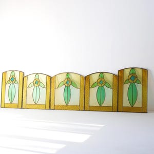 Set of 5 Antique Art Deco Stained Glass Panels Floral Design Window Panel 1920-1930s
