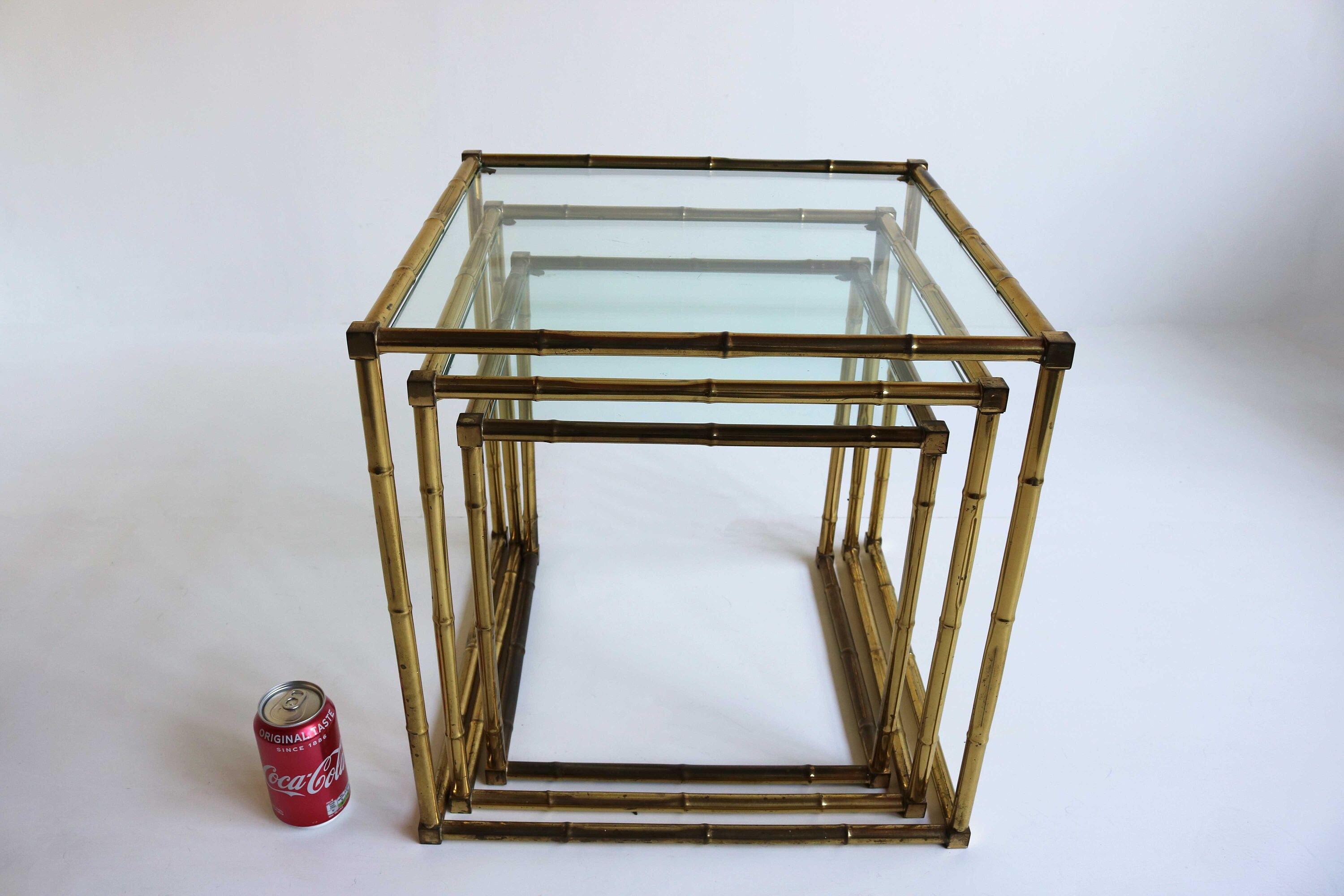 $100 2015 Vintage ROUND Brass FAUX BAMBOO SIDE End TABLE Glass Top  Hollywood Regency, #1784858751