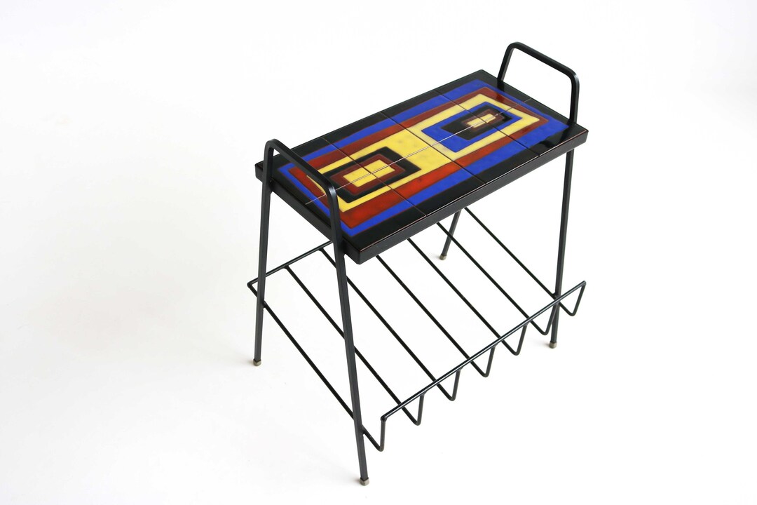 Juliette Belarti Style Vintage Handmade Tile Top Iron Magazine Rack 50s ...