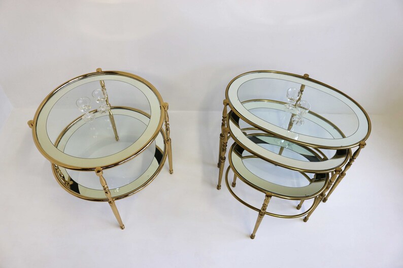 Round Brass Side Table With Glass Shelves Surrounded by a Etsy