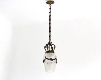 Antique French Art Deco Bronze Hanging Lamp: Gilded Brass & Etched Glass, 1930s