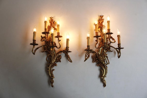 French Gilt Brass Wall Sconces: Louis XV Style Appliques, Pair