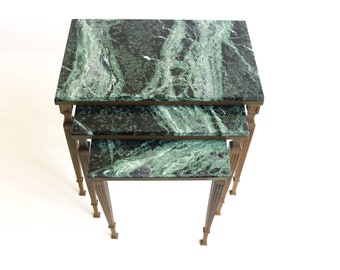 Regency Brass Nesting Tables: Green Marble Top, Maison Jansen Style