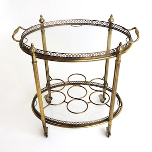 Brass Bar Cart Oval Hollywood Regency Glass Trolley w/ Removable Tray & Bottle Rack French 1940s Tea Cart Side Table
