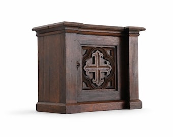Antique Gothic Oak Tabernacle Cabinet | Hand Carved Church Cabinet with Key
