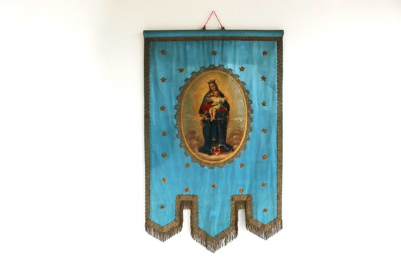 Antique Religious Banner: Mother Mary and Baby Jesus, Victorian Fabric Wall Hanging
