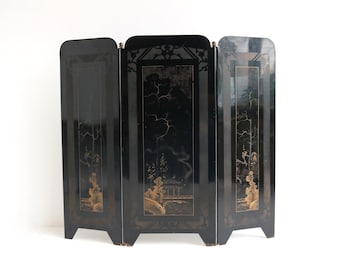 Antique Chinese Three Piece Black Lacquer Asian Fireplace Screen Foldable Hand-painted Folding Fire Screen Oriental Japanese Screen.