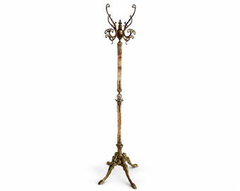 Vintage Italian Brass & Marble Coat Rack, Rotating Crown Hall Tree, Ornate Four Leg Base, Luxury Entryway Stand