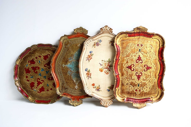 Set of Four Italian Florentine Trays Gilded Florentine Style Serving Trays Hollywood Regency Tray Midcentury Vintage Baroque Style Golden