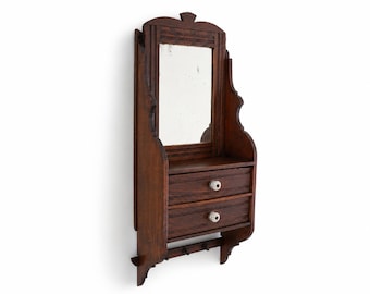 Antique Oak Hall Mirror with Drawers & Hooks – Wall Cabinet Entryway Organizer