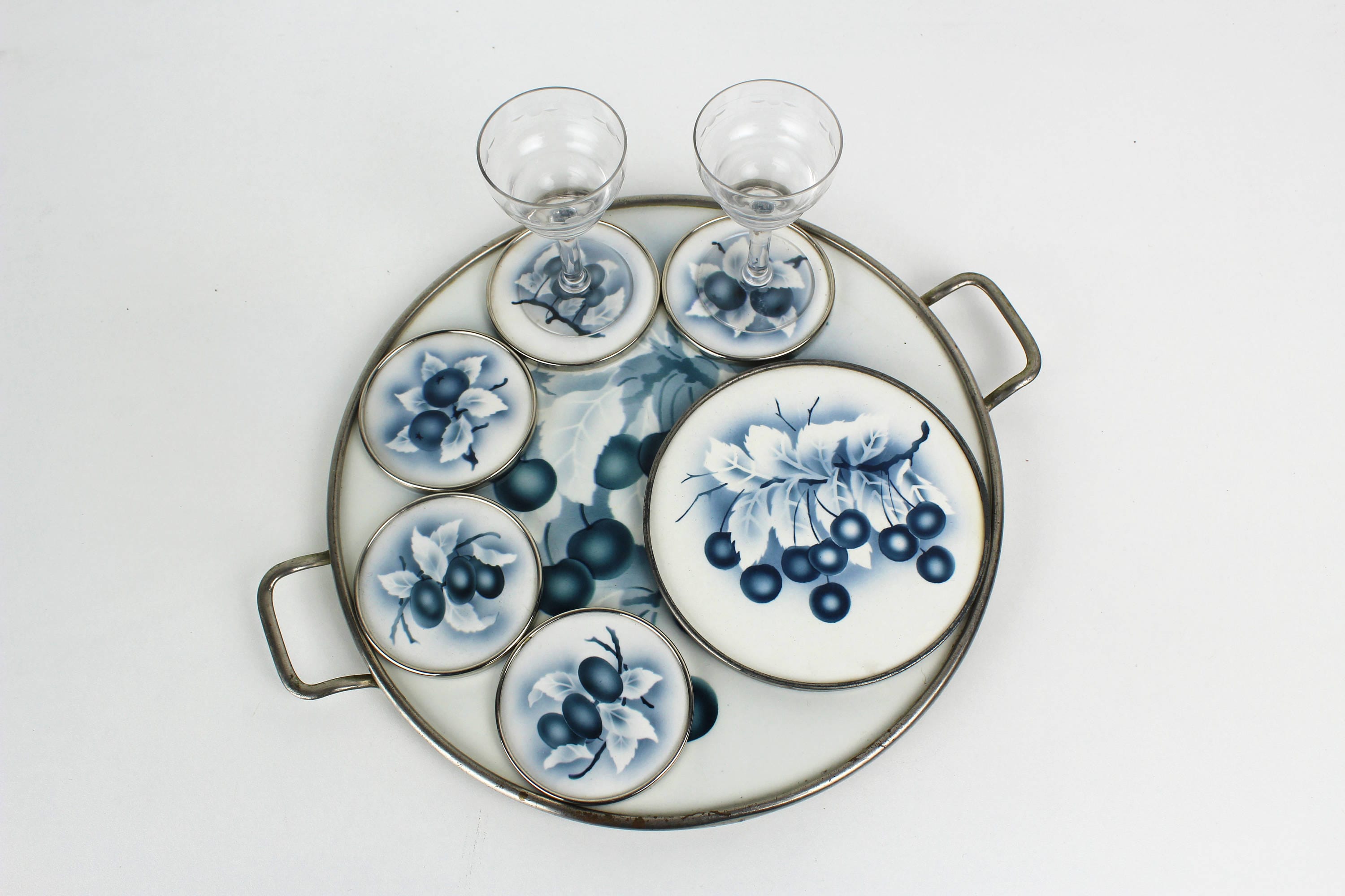 Antique Delft Blue Transferware Tray Set Grapes Pottery Platter