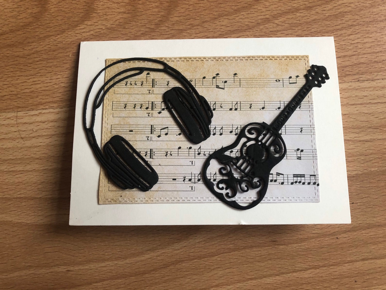 Music themed handcrafted gift card headphones and guitar cut Etsy