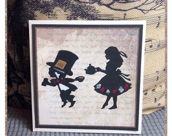 Alice in Wonderland Birthday cards, handcrafted cut out Alice in Wonderland cards, Queen of hearts card, Madhatter card, Alice gift cards