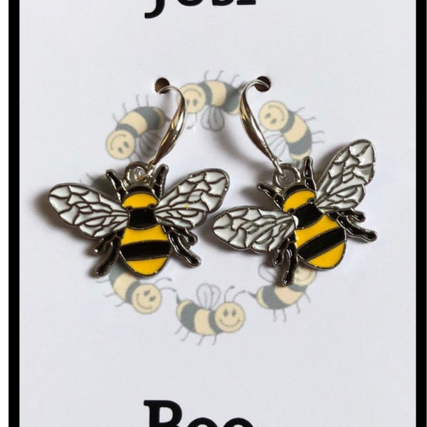 Bee dangle drop earrings, enamel bee earrings, gift bee idea, gift for her, bee jewellery.