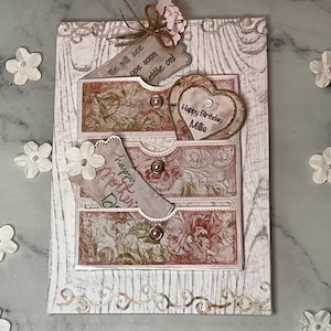 Shabby Chic handgemachte Geburtstagskarte, Andenken Geburtstagskarte, Andenken personalisierte Geburtstagskarte, Shabby Chic Schubladenkarte mit Ständer.
