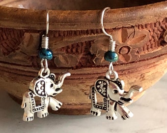 Silver Elephant earrings, Handmade silver elephant dangle drop wire hook earrings,