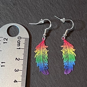 Rainbow feather earrings, Pride jewellery, Rainbow jewellery