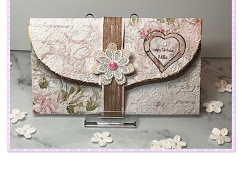 Shabby Chic wallet, leaving day gift wallet, ticket wallet, vintage Birthday money wallet, Personalised gift wallet, floral money wallet,