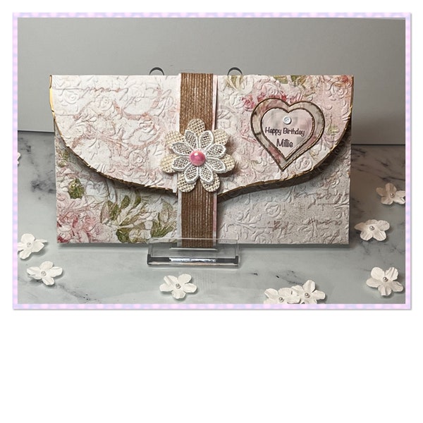 Shabby Chic wallet, leaving day gift wallet, ticket wallet, vintage Birthday money wallet, Personalised gift wallet, floral money wallet,