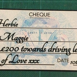 Digitale download Rijlessen Gepersonaliseerde cheque, rijlessen cadeau, unieke manier om rijlessen cadeau te doen, digitale cheque download,