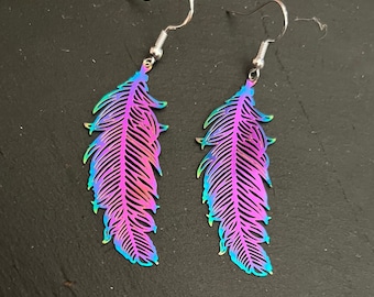 Rainbow Feather earrings,iridescent feather , Feather dangle drop earrings, titanium hook feather ,boho nature inspired colourful  earrings