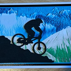 Vélo de montagne, carte de voeux de sport, carte-cadeau de vélo de montagne, carte d'art d'amateurs de vélo, carte d'anniversaire de vélo de montagne, carte d'anniversaire de vélo,