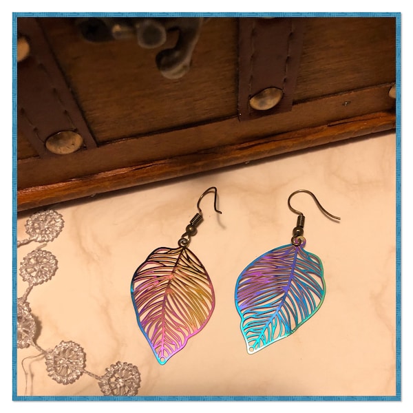 Leaf earrings ,skeleton leaf dangle drop earrings, titanium leaf earrings, boho earrings, delicate rainbow leaf earrings, dangle earrings