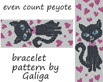 Cute cat bracelet pattern Peyote pattern Even count peyote bead pattern Black cat pattern Hearts bracelet beaded pattern Valentine pattern