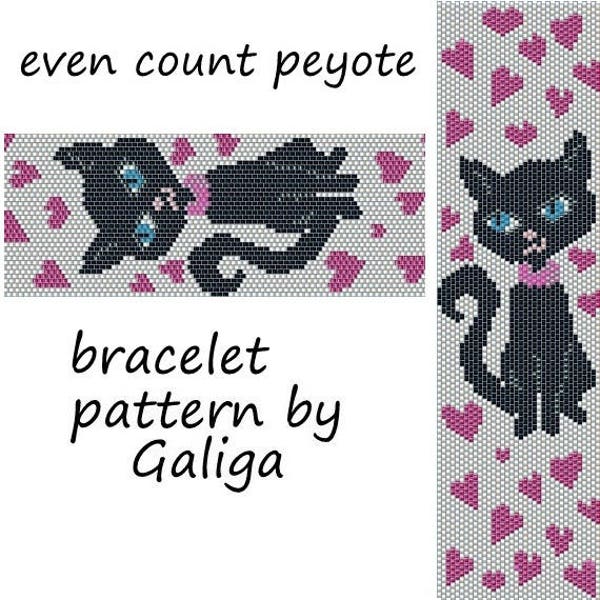 Cute cat bracelet pattern Peyote pattern Even count peyote bead pattern Black cat pattern Hearts bracelet beaded pattern Valentine pattern