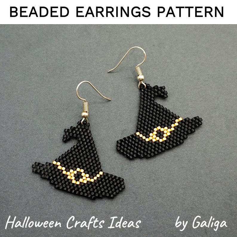 May include: Black and gold beaded witch hat earrings. The earrings are made with black seed beads and gold seed beads. The earrings are shaped like a witch hat with a pointed top and a wide brim. The earrings are hanging from silver ear wires.