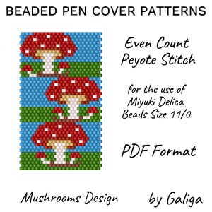 Op de afbeelding: Een digitaal patroon voor kralen pen covers met een paddestoel ontwerp. Het patroon maakt gebruik van Even Count Peyote Stitch en Miyuki Delica Beads maat 11/0. Het PDF-formaat bevat instructies voor het maken van het ontwerp.
