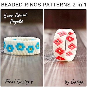 Even peyote ring patterns Flowers 2 in 1 Beadwork Pattern for Beading Do it yourself Floral rings How to make beaded ring Seed bead pattern