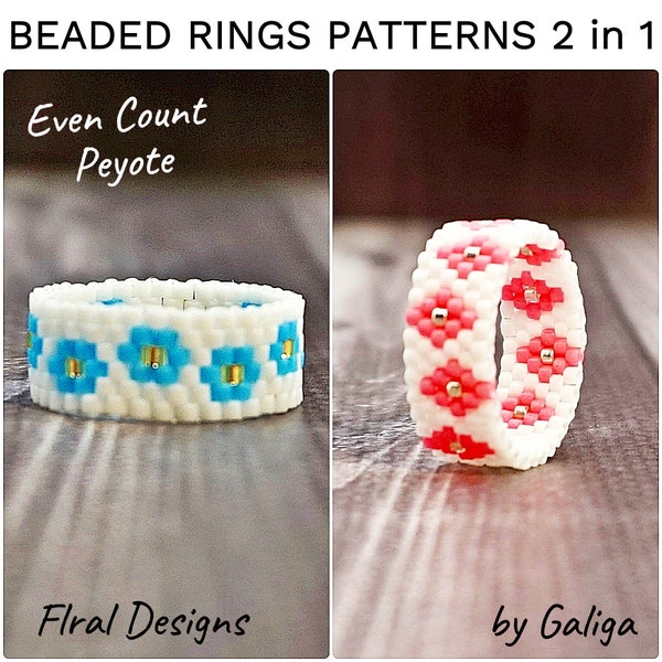 Even peyote ring patterns Flowers 2 in 1 Beadwork Pattern for Beading Do it yourself Floral rings How to make beaded ring Seed bead pattern