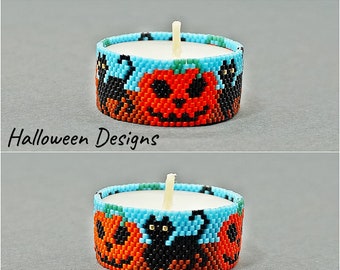 HALLOWEEN Tea Light Holder Pattern PUMPKIN Beading Peyote Patterns Candle Holder Beaded Pattern Black Cat Beadwork Spooky Halloween Pattern