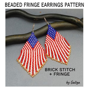 Fringe Bead Earrings Pattern American Flag Beaded Craft Red and Blue DIY Stars and Stripes Seed Beading US Patriotic Jewelry Pattern USA
