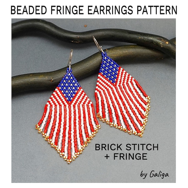 Fringe Bead Earrings Pattern American Flag Beaded Craft Red and Blue DIY Stars and Stripes Seed Beading US Patriotic Jewelry Pattern USA