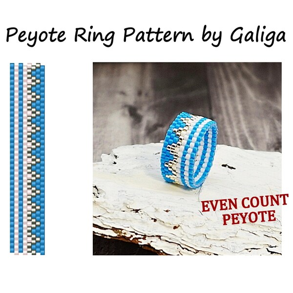 Blue silver even peyote stitch beaded ring pattern for ring making beading of seed beads Delica rings digital pattern jewelry beadwork