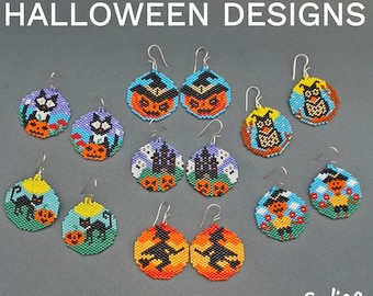 Halloween Patterns Beaded Earrings Designs DIY Spooky Pumpkin Witch Boo Ghost Bat Black Cat Dark Castle Beading Seed Bead Jewelry Making pdf