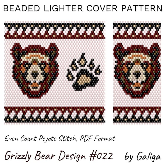 Grizzly Bear Lighter Cover Pattern Even Peyote Beadwork DIY Beaded Lighter Sleeve Digital Animal Wildlife Delica Seed Bead Crafts Ideas