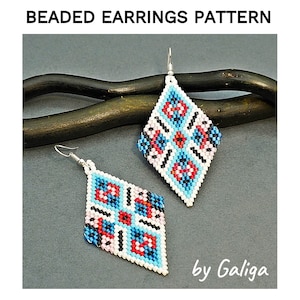 May include: A pair of beaded earrings with a diamond shape and a geometric pattern in blue, red, pink, black, and white. The earrings are hanging from silver hooks. The text "by Galiga" is visible in the bottom right corner of the image.