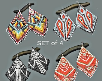 Übergroße Perlen Ohrringe Muster 4er Set Fransen Boho Seed Bead Delica Designs Brick Stich Perlen Handwerk Download pdf File Beadwork DIY