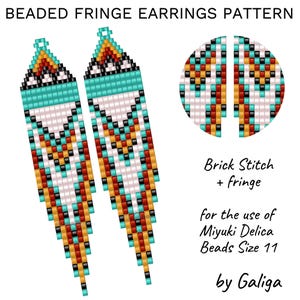 May include: A beaded fringe earring pattern using brick stitch and fringe. The pattern is for the use of Miyuki Delica beads size 11. The pattern is by Galiga.