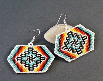 Beaded Earrings Pattern, Beading Pattern, Geometric Hexagon Seed Bead Ethnic Tribal Native Earrings, Brick Stitch Beadwork Jewelry Making