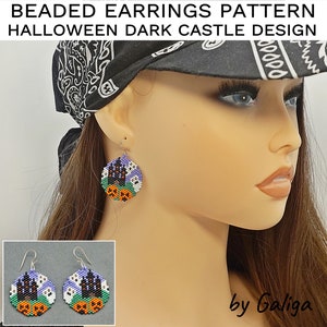 May include: A pair of beaded earrings with a Halloween theme. The earrings feature a purple, green, orange, black, and white design of a castle, ghosts, and pumpkins. The earrings are on a mannequin's ear and a close-up of the earrings is shown below. The text "by Galiga" is in the bottom right corner of the image.